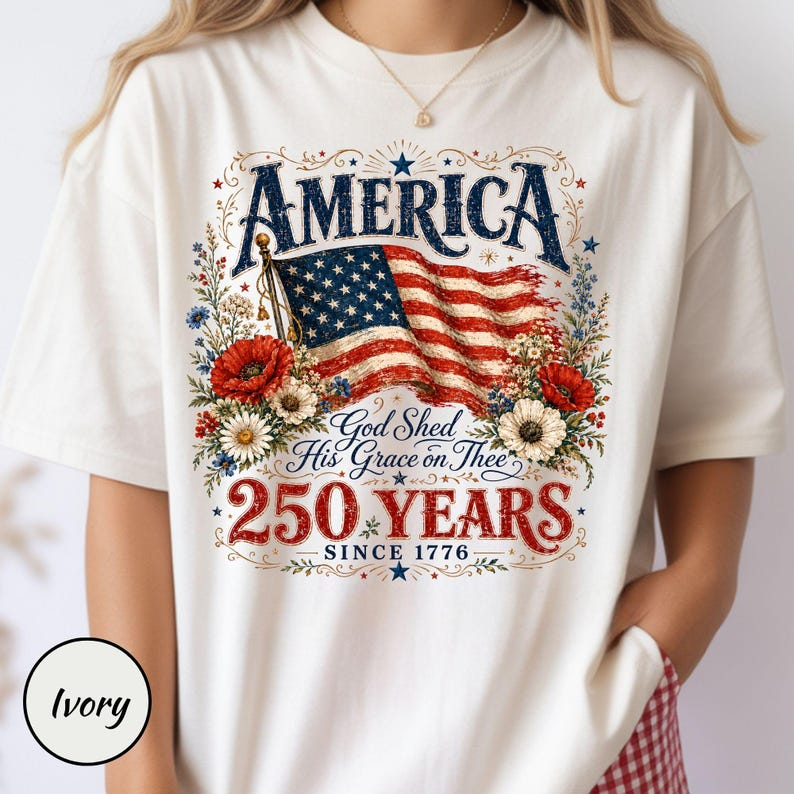 Comfort Colors America 250th Anniversary Shirt, God Shed His Grace on Thee Graphic Tee, Patriotic USA Flag Floral Shirt for Women and Men