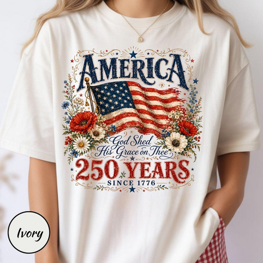 Comfort Colors America 250th Anniversary Shirt, God Shed His Grace on Thee Graphic Tee, Patriotic USA Flag Floral Shirt for Women and Men