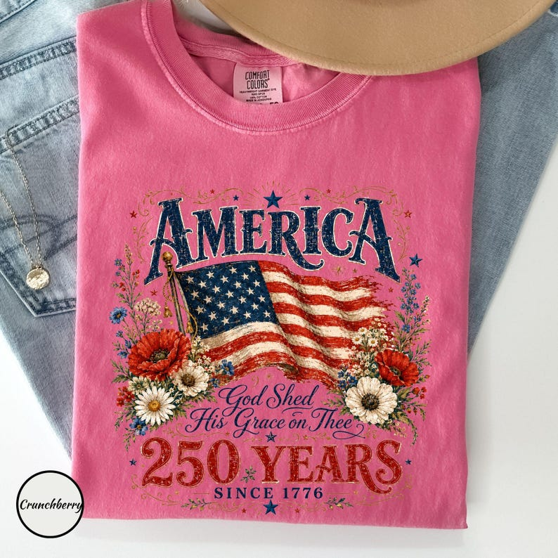 Comfort Colors America 250th Anniversary Shirt, God Shed His Grace on Thee Graphic Tee, Patriotic USA Flag Floral Shirt for Women and Men