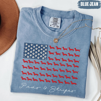 Comfort Colors Paws and Stripes Dachshund Shirt, Patriotic Wiener Dog Tee, USA Flag Dog Lover Fourth of July T Shirt, 250th Anniversary Shirt