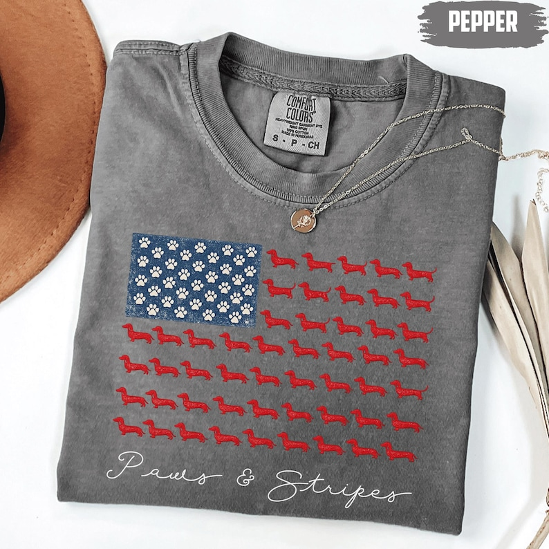 Comfort Colors Paws and Stripes Dachshund Shirt, Patriotic Wiener Dog Tee, USA Flag Dog Lover Fourth of July T Shirt, 250th Anniversary Shirt
