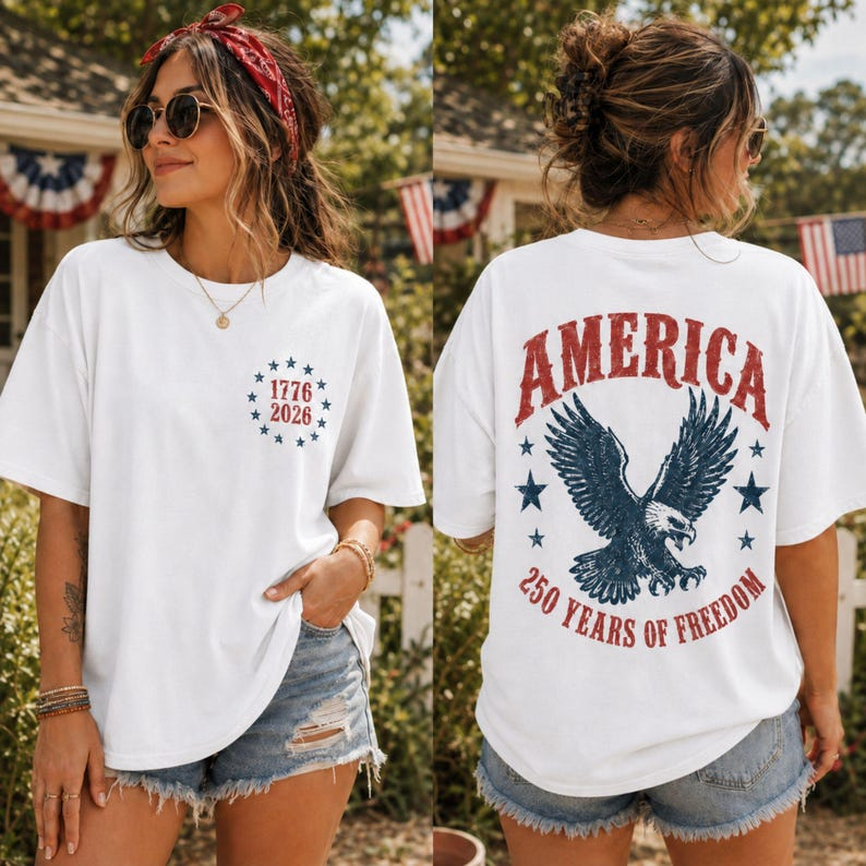 America 250 Years of Freedom Shirt, Patriotic Eagle Back Print T-Shirt