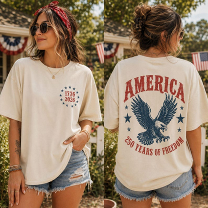 America 250 Years of Freedom Shirt, Patriotic Eagle Back Print T-Shirt