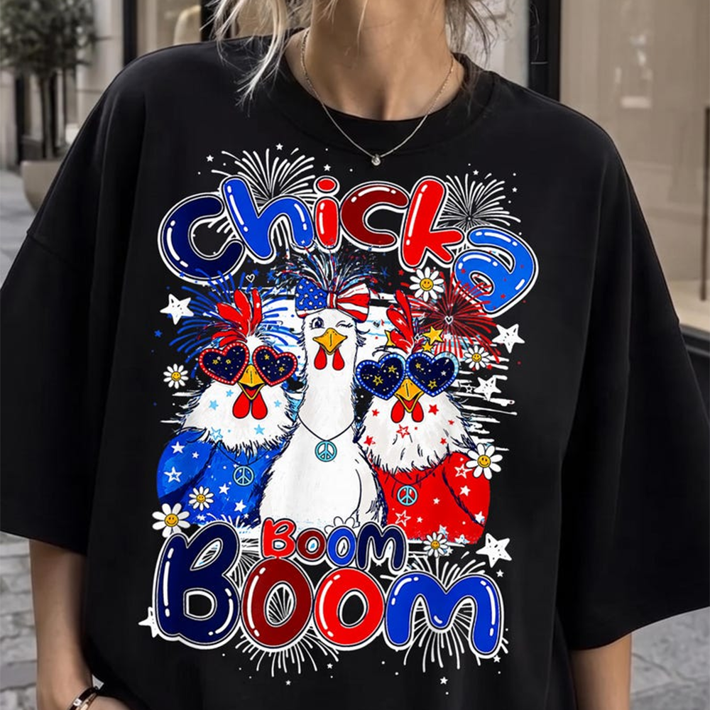 Chicka Boom Boom Chicken Shirt, Funny Patriotic Chicken Tee, Fourth of July Farm Animal Graphic T Shirt for Women Men, 250th Anniversary Shirt