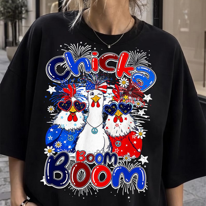 Chicka Boom Boom Chicken Shirt, Funny Patriotic Chicken Tee, Fourth of July Farm Animal Graphic T Shirt for Women Men, 250th Anniversary Shirt