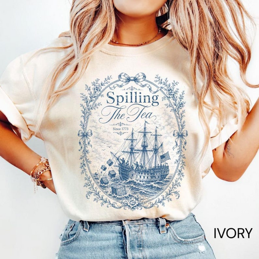 Comfort Colors Spilling The Tea Since 1773 Shirt, Vintage Boston Tea Party Graphic Tee, Patriotic American History T-Shirt for Women, America 250th Anniversary Shirt