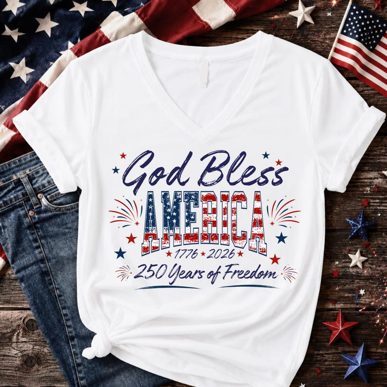 America 1776-2026 Shirt, God Bless America Patriotic V-Neck T-Shirt, America 250th Anniversary, Freedom Celebration Gift for Women V-Neck