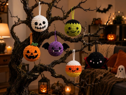 Handmade Crochet Halloween Ornaments, Spooky Tree Decorations, Ghost Spider Pumpkin Bat Skull Witch Hat Hanging Charms, Halloween Tree Decor