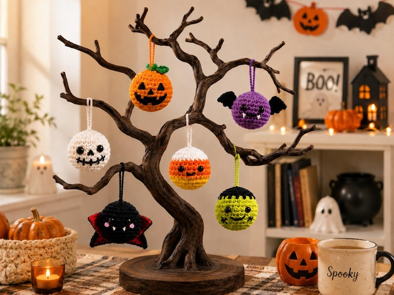 Handmade Crochet Halloween Ornaments, Spooky Tree Decorations, Ghost Spider Pumpkin Bat Skull Witch Hat Hanging Charms, Halloween Tree Decor