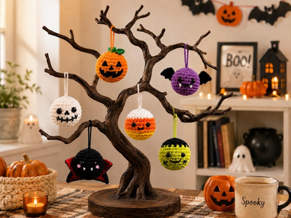 Handmade Crochet Halloween Ornaments, Spooky Tree Decorations, Ghost Spider Pumpkin Bat Skull Witch Hat Hanging Charms, Halloween Tree Decor