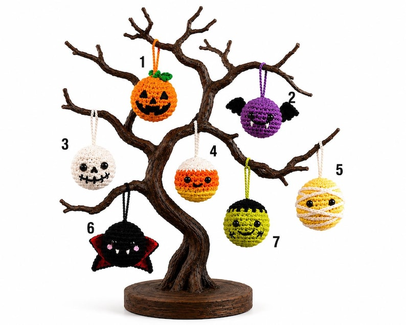 Handmade Crochet Halloween Ornaments, Spooky Tree Decorations, Ghost Spider Pumpkin Bat Skull Witch Hat Hanging Charms, Halloween Tree Decor