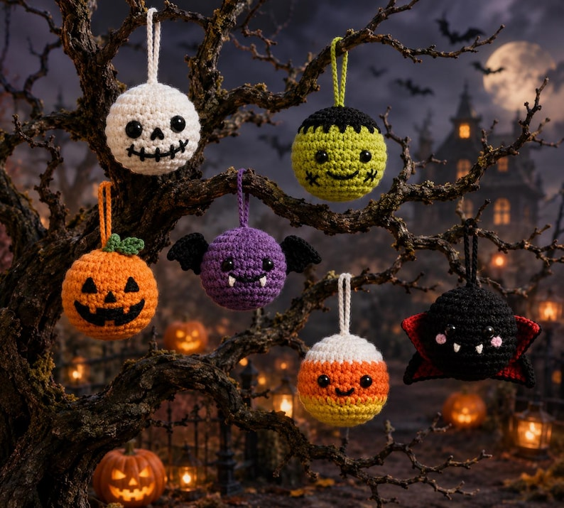 Handmade Crochet Halloween Ornaments, Spooky Tree Decorations, Ghost Spider Pumpkin Bat Skull Witch Hat Hanging Charms, Halloween Tree Decor