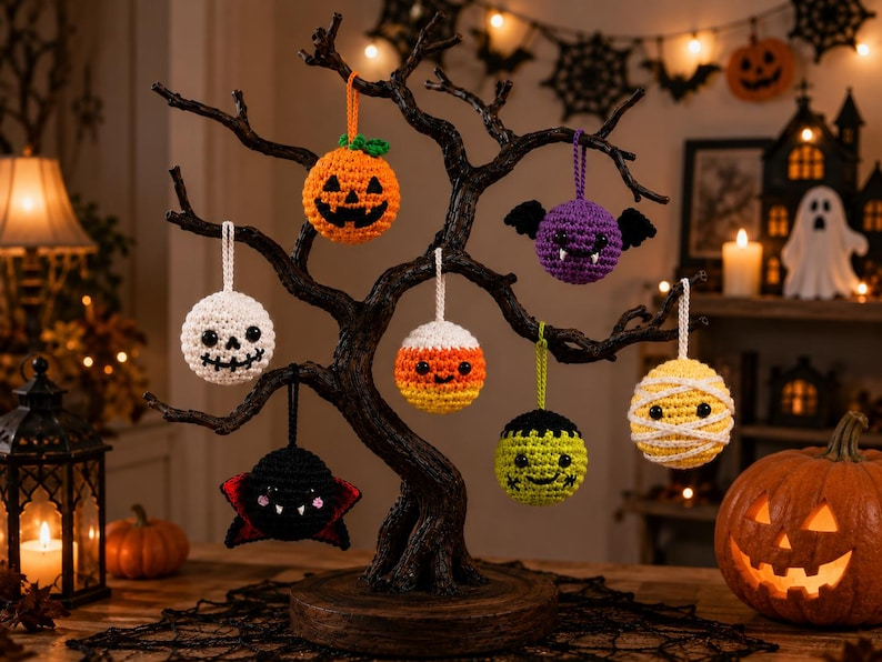 Handmade Crochet Halloween Ornaments, Spooky Tree Decorations, Ghost Spider Pumpkin Bat Skull Witch Hat Hanging Charms, Halloween Tree Decor