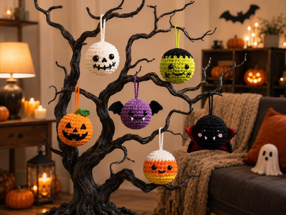 Handmade Crochet Halloween Ornaments, Spooky Tree Decorations, Ghost Spider Pumpkin Bat Skull Witch Hat Hanging Charms, Halloween Tree Decor