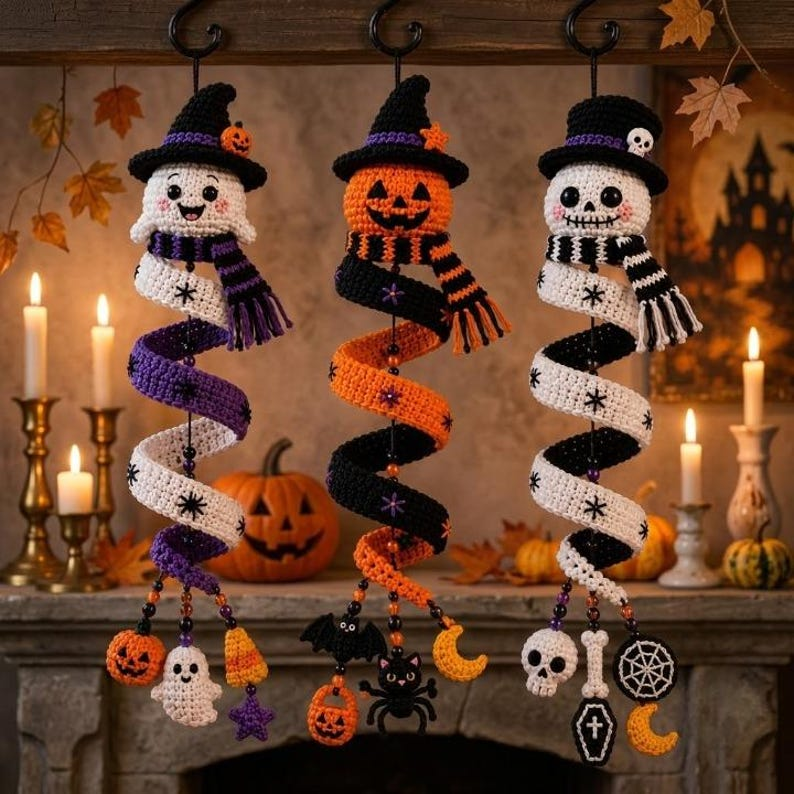 Halloween Spiral Ornament Crochet Ghost Witch Pumpkin & Skeleton Amigurumi Intermediate 18-20 Inch Hanging Garland