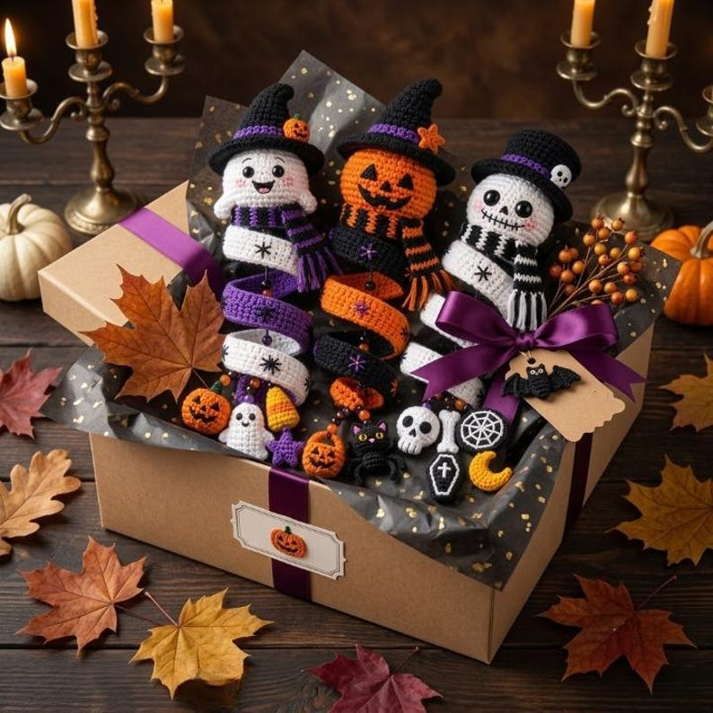 Halloween Spiral Ornament Crochet Ghost Witch Pumpkin & Skeleton Amigurumi Intermediate 18-20 Inch Hanging Garland
