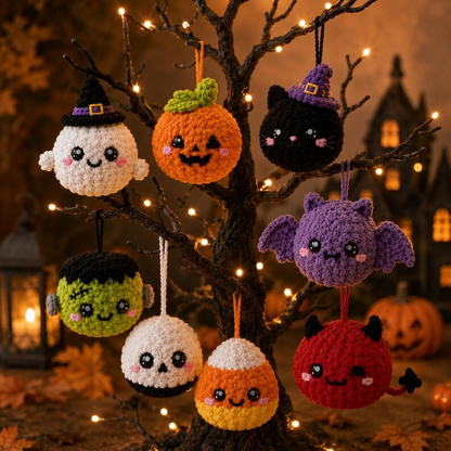 Handmade Crochet Halloween Ornaments, Spooky Tree Decorations, Ghost Spider Pumpkin Bat Skull Witch Hat Hanging Charms, Halloween Tree Decor