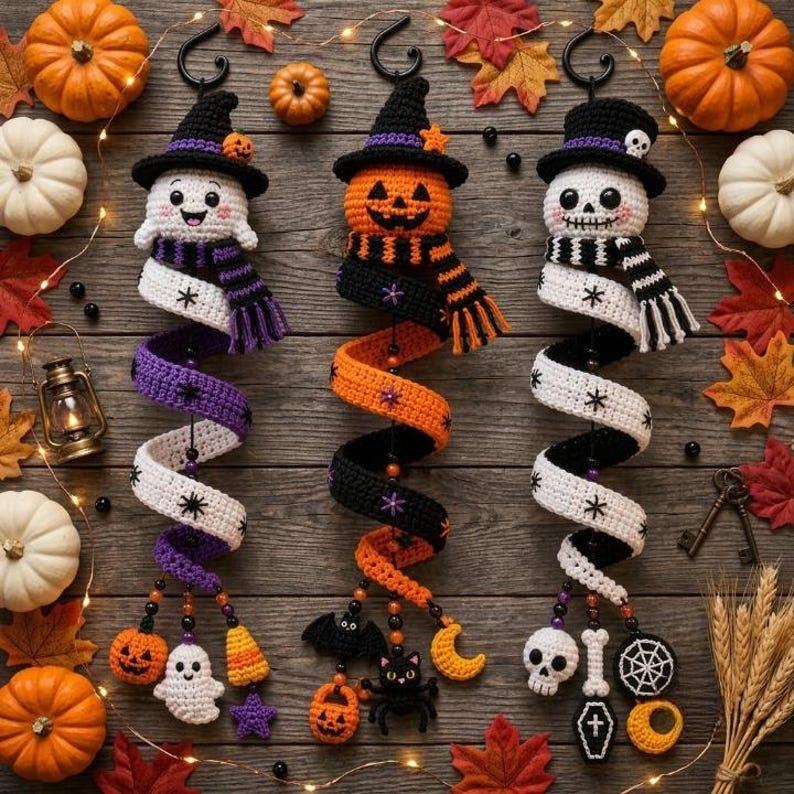 Halloween Spiral Ornament Crochet Ghost Witch Pumpkin & Skeleton Amigurumi Intermediate 18-20 Inch Hanging Garland