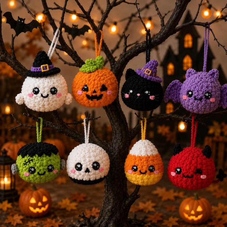 Handmade Crochet Halloween Ornaments, Spooky Tree Decorations, Ghost Spider Pumpkin Bat Skull Witch Hat Hanging Charms, Halloween Tree Decor