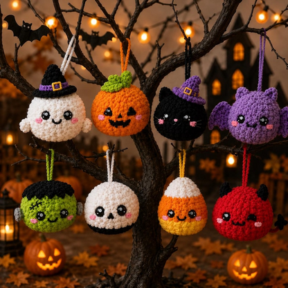 Handmade Crochet Halloween Ornaments, Spooky Tree Decorations, Ghost Spider Pumpkin Bat Skull Witch Hat Hanging Charms, Halloween Tree Decor