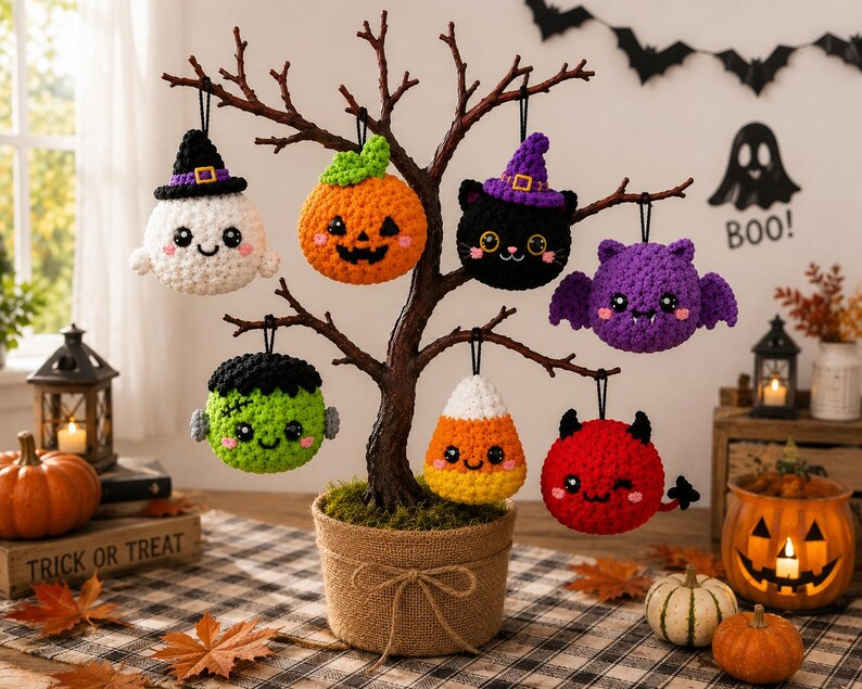 Handmade Crochet Halloween Ornaments, Spooky Tree Decorations, Ghost Spider Pumpkin Bat Skull Witch Hat Hanging Charms, Halloween Tree Decor