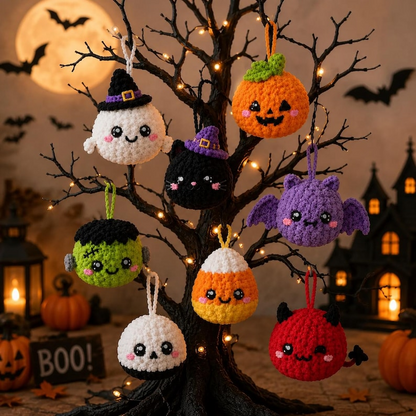 Handmade Crochet Halloween Ornaments, Spooky Tree Decorations, Ghost Spider Pumpkin Bat Skull Witch Hat Hanging Charms, Halloween Tree Decor