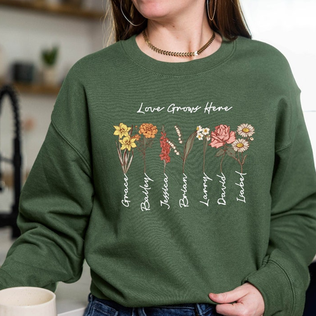 Grandma's Garden, Custom Birthflower Sweatshirt, Gift for Grandma, Love Grows Here Sweatshirt