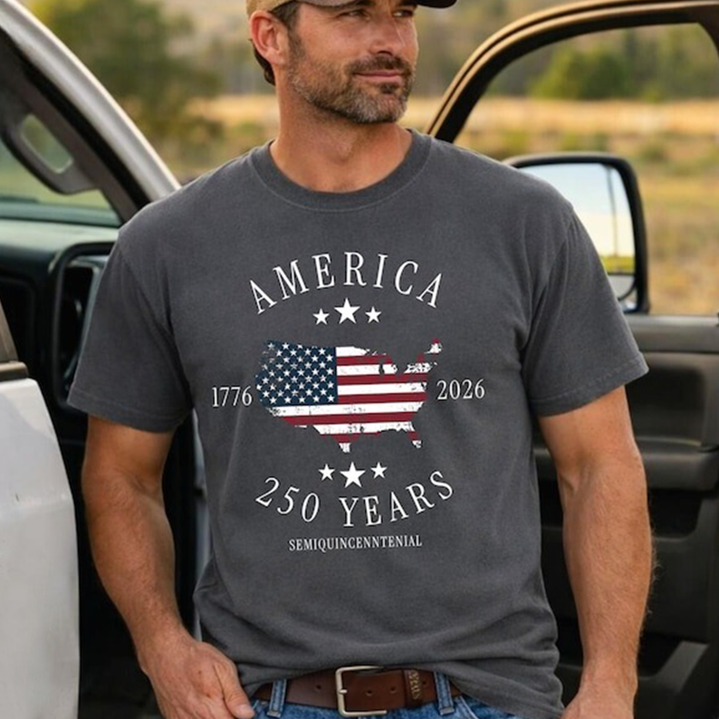 Comfort Colors America 250 Years Shirt for Men, Patriotic USA Map Flag Graphic Tee, 1776 2026 Semiquincentennial Independence Day Apparel