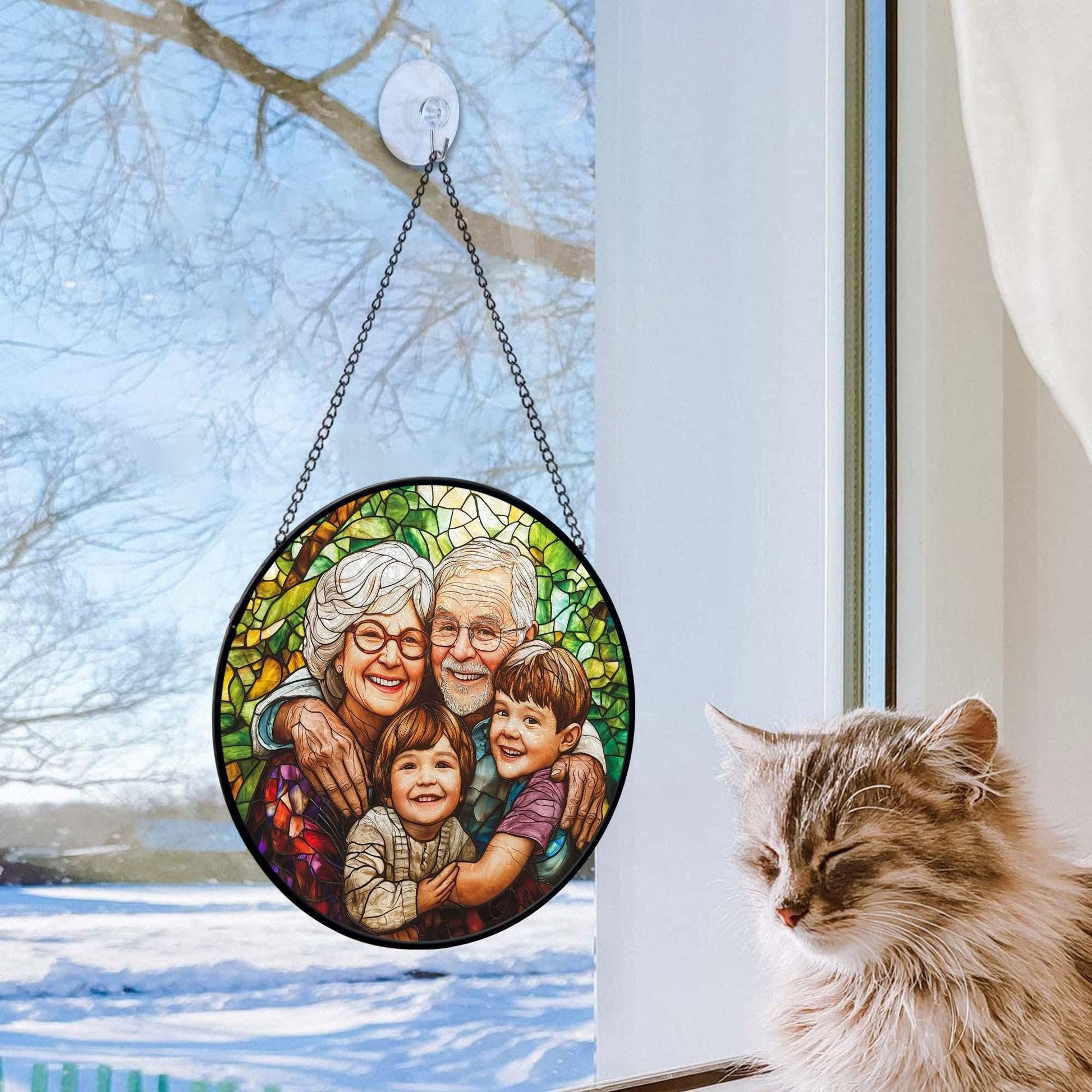 Custom Grandparents & Grandkids Portrait Faux Stained Glass, Custom Photo Family Window Hanging Ornament, Christmas Gift For Grandma, Grandpa