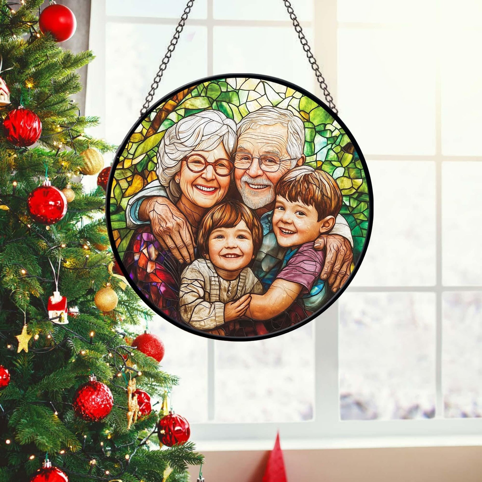 Custom Grandparents & Grandkids Portrait Faux Stained Glass, Custom Photo Family Window Hanging Ornament, Christmas Gift For Grandma, Grandpa