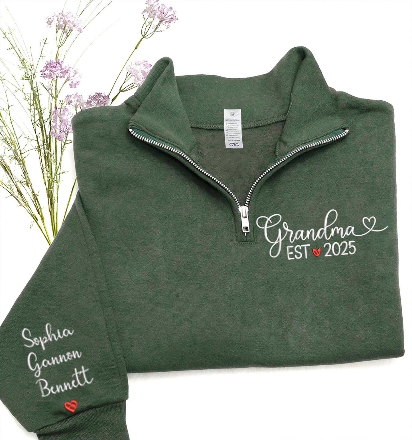 Custom Grandma EST 2025 Embroidered Quarter Zip Sweatshirt – Personalized Name on Sleeve Gift for New Grandma