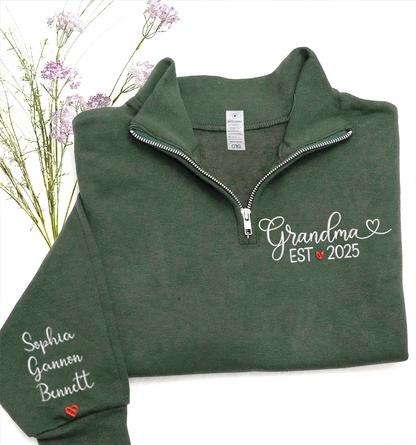Custom Grandma EST 2025 Embroidered Quarter Zip Sweatshirt – Personalized Name on Sleeve Gift for New Grandma