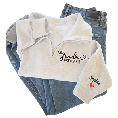 Custom Grandma EST 2025 Embroidered Quarter Zip Sweatshirt – Personalized Name on Sleeve Gift for New Grandma