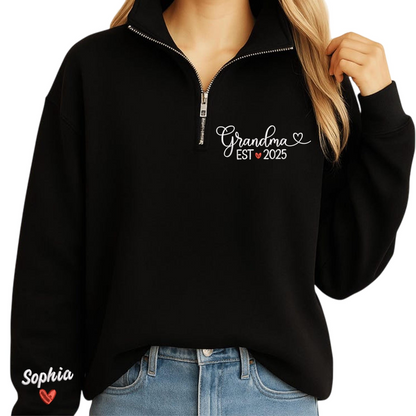 Custom Grandma EST 2025 Embroidered Quarter Zip Sweatshirt – Personalized Name on Sleeve Gift for New Grandma