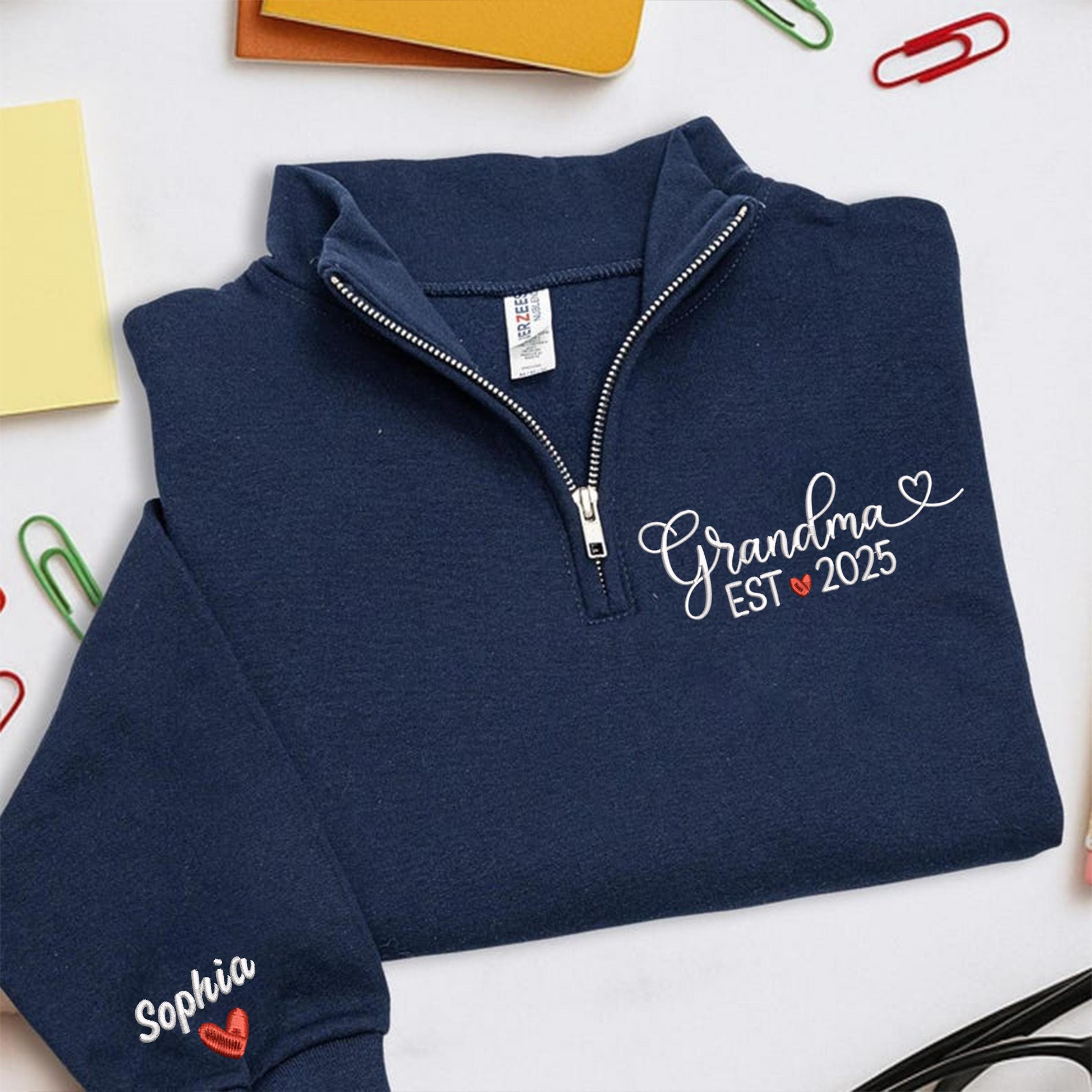 Custom Grandma EST 2025 Embroidered Quarter Zip Sweatshirt – Personalized Name on Sleeve Gift for New Grandma