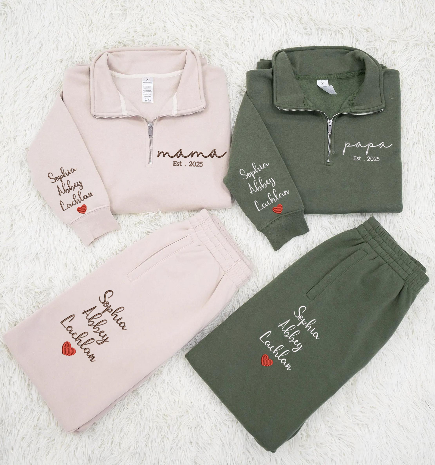 Personalized Mama & Papa Matching Embroidered Set – Custom Family Name Sweatshirt and Sweatpants – Est. 2025 Embroidery Outfit – Parents Gift for Christmas, Anniversary