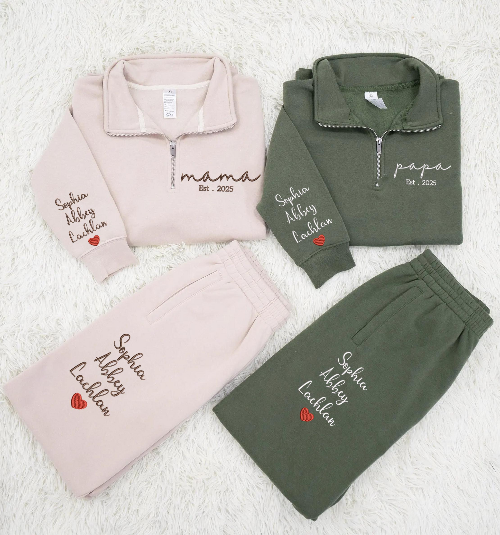 Personalized Mama & Papa Matching Embroidered Set – Custom Family Name Sweatshirt and Sweatpants – Est. 2025 Embroidery Outfit – Parents Gift for Christmas, Anniversary
