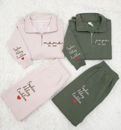 Personalized Mama & Papa Matching Embroidered Set – Custom Family Name Sweatshirt and Sweatpants – Est. 2025 Embroidery Outfit – Parents Gift for Christmas, Anniversary