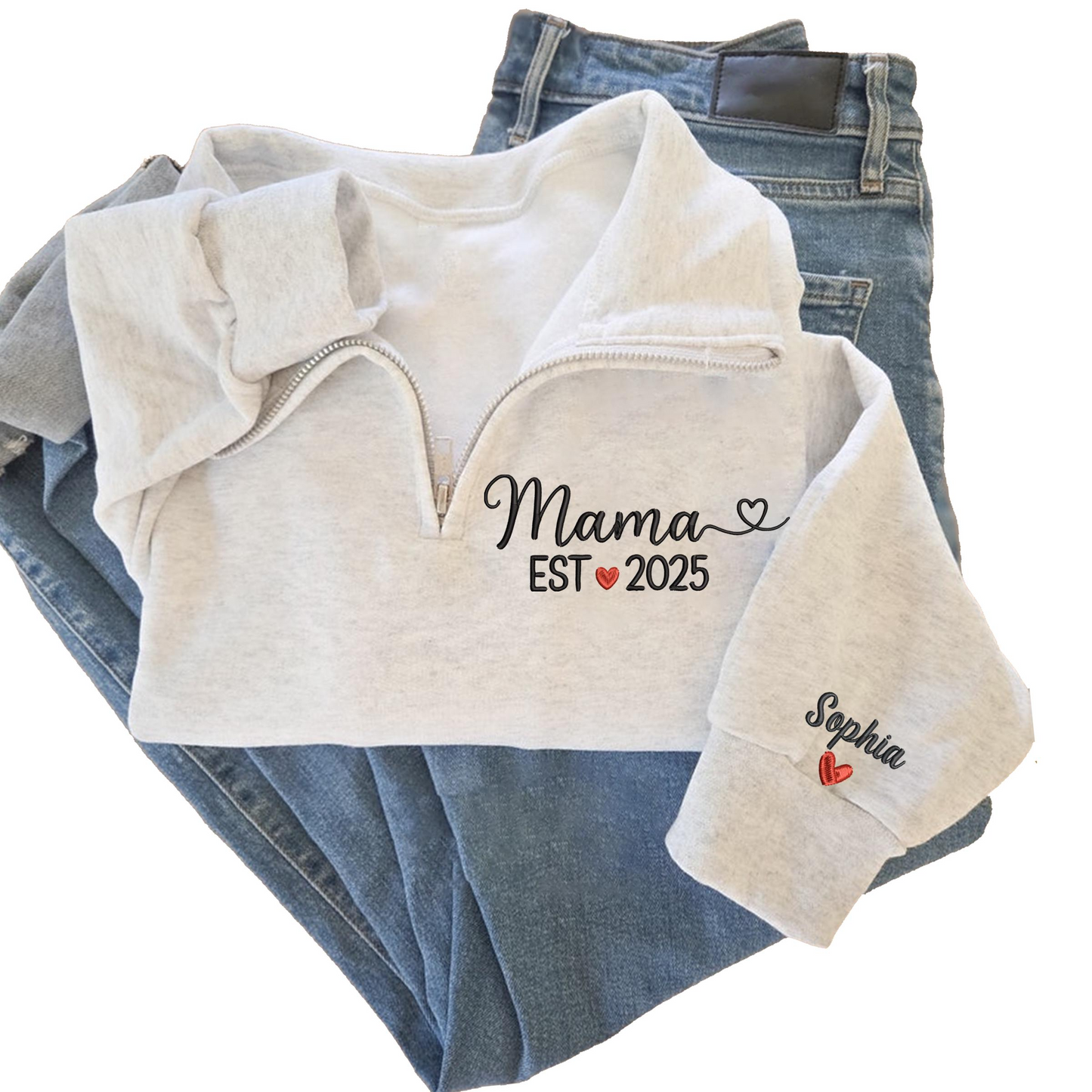 Personalized Mama Quarter Zip Sweatshirt – Custom Name & Year EST 2025 Embroidered Pullover – Gift for New Moms