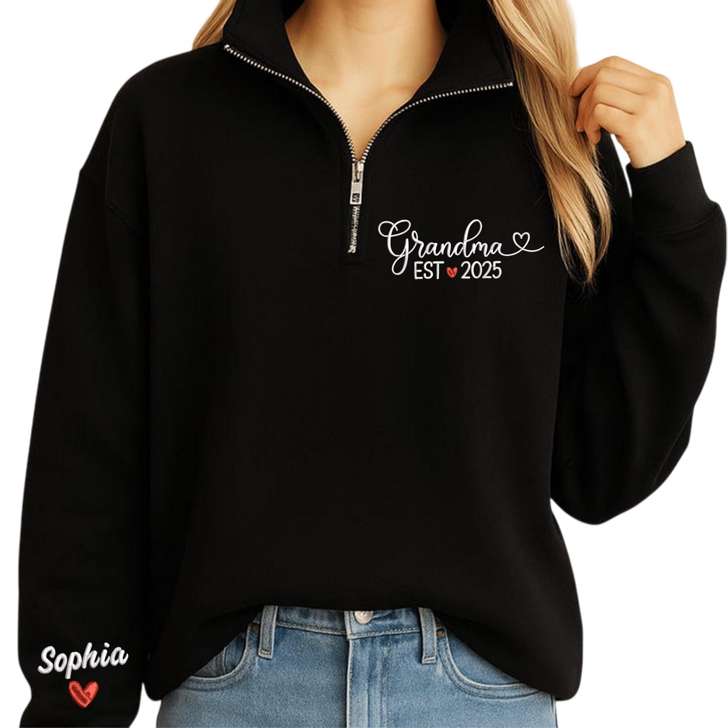 Custom Mimi EST 2025 Embroidered Quarter Zip Sweatshirt – Personalized Name on Sleeve Gift for New Mimi