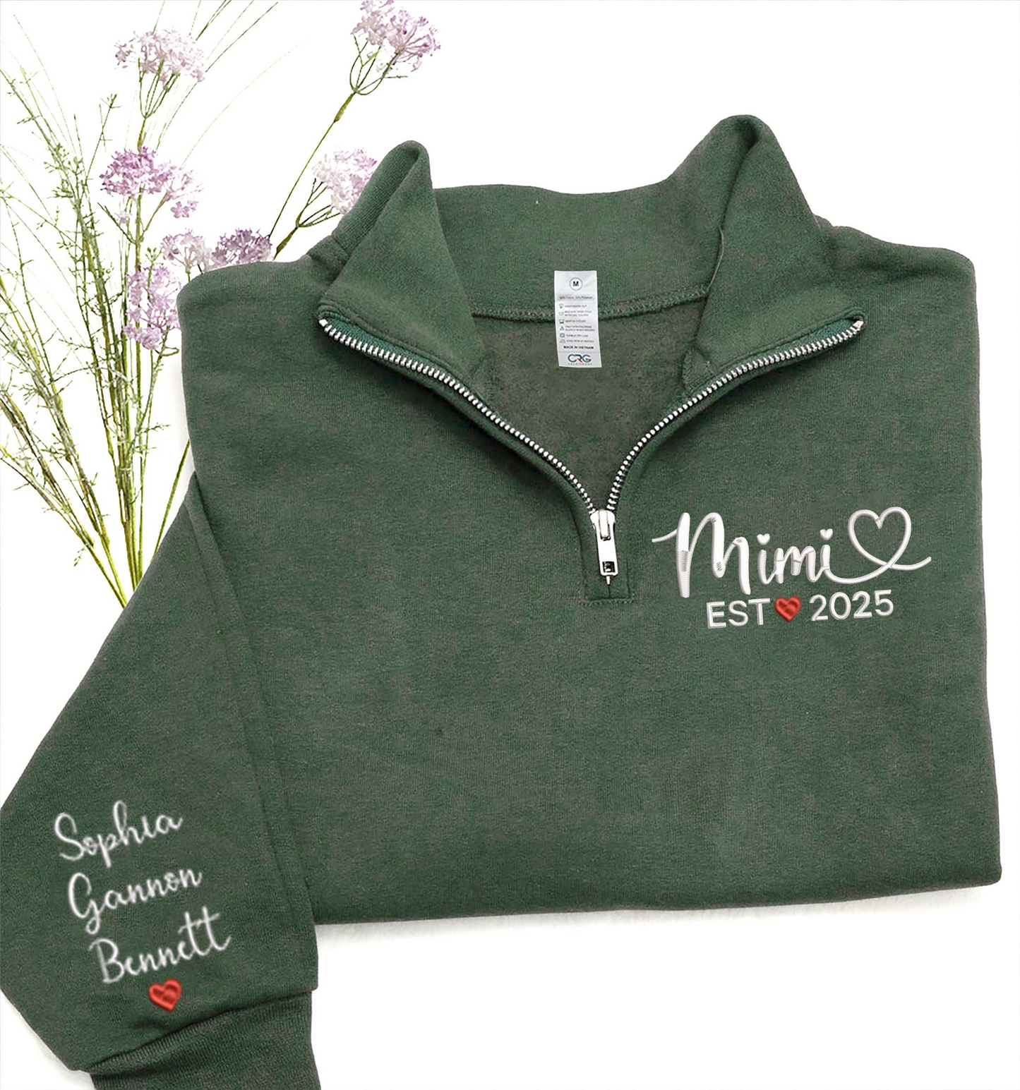 Custom Mimi EST 2025 Embroidered Quarter Zip Sweatshirt – Personalized Name on Sleeve Gift for New Mimi