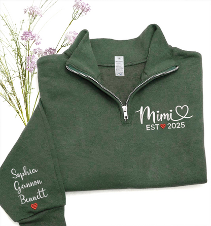Custom Mimi EST 2025 Embroidered Quarter Zip Sweatshirt – Personalized Name on Sleeve Gift for New Mimi