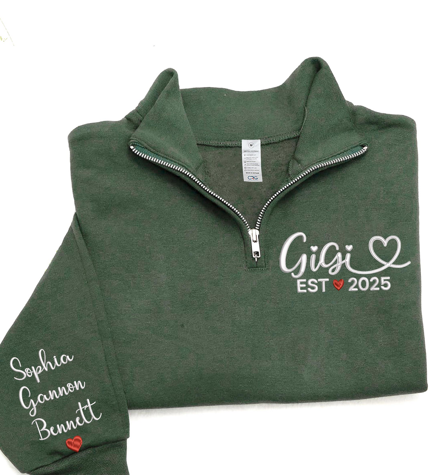 Custom Gigi EST 2025 Embroidered Quarter Zip Sweatshirt – Personalized Name on Sleeve Gift for New Gigi