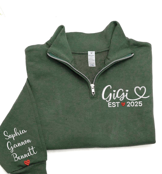 Custom Gigi EST 2025 Embroidered Quarter Zip Sweatshirt – Personalized Name on Sleeve Gift for New Gigi