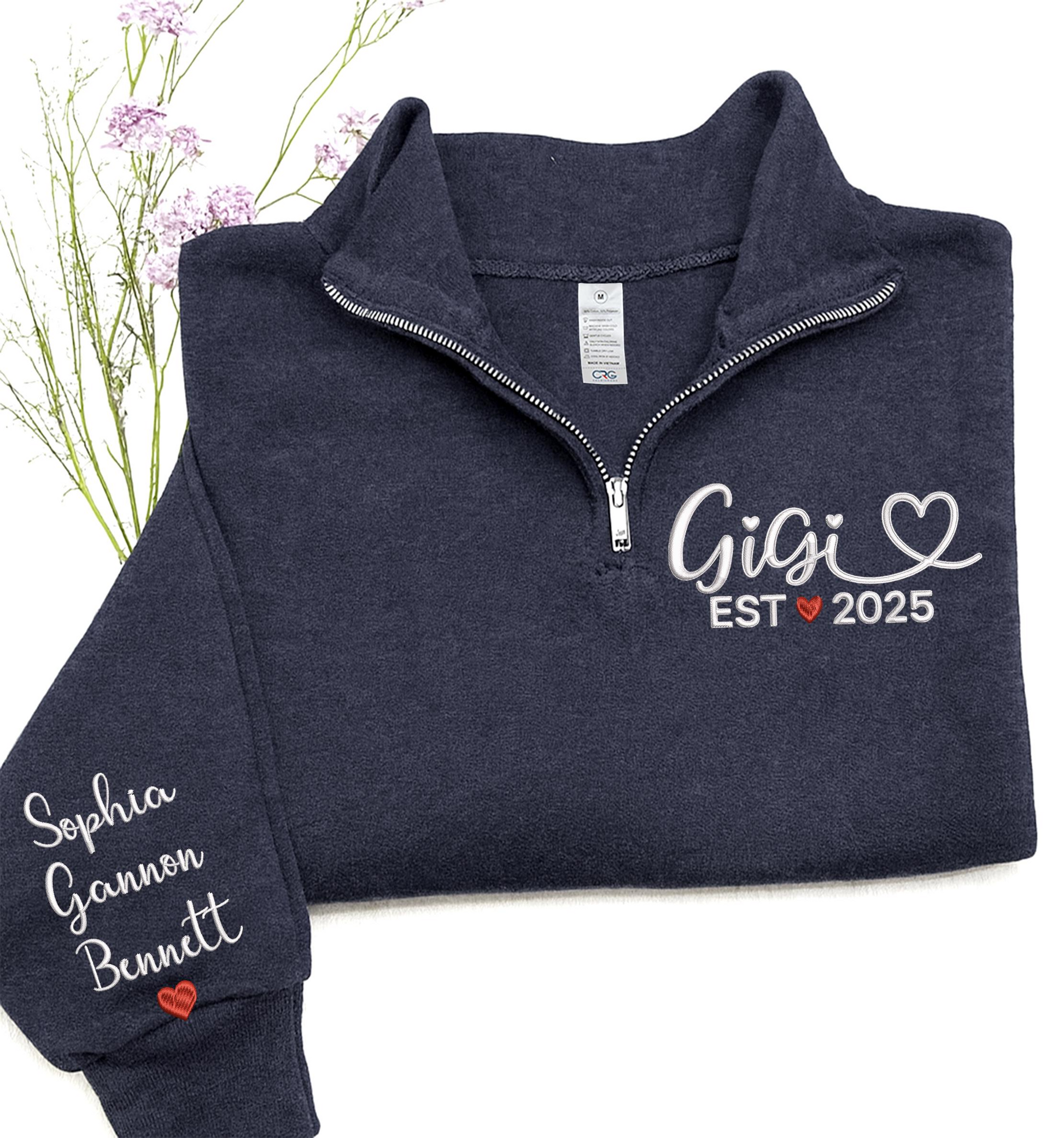 Custom Gigi EST 2025 Embroidered Quarter Zip Sweatshirt – Personalized Name on Sleeve Gift for New Gigi