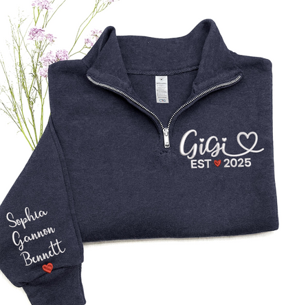 Custom Gigi EST 2025 Embroidered Quarter Zip Sweatshirt – Personalized Name on Sleeve Gift for New Gigi
