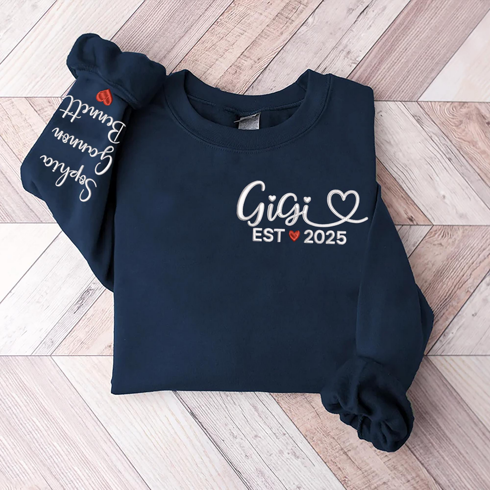 Custom Gigi EST 2025 Embroidered Quarter Zip Sweatshirt – Personalized Name on Sleeve Gift for New Gigi