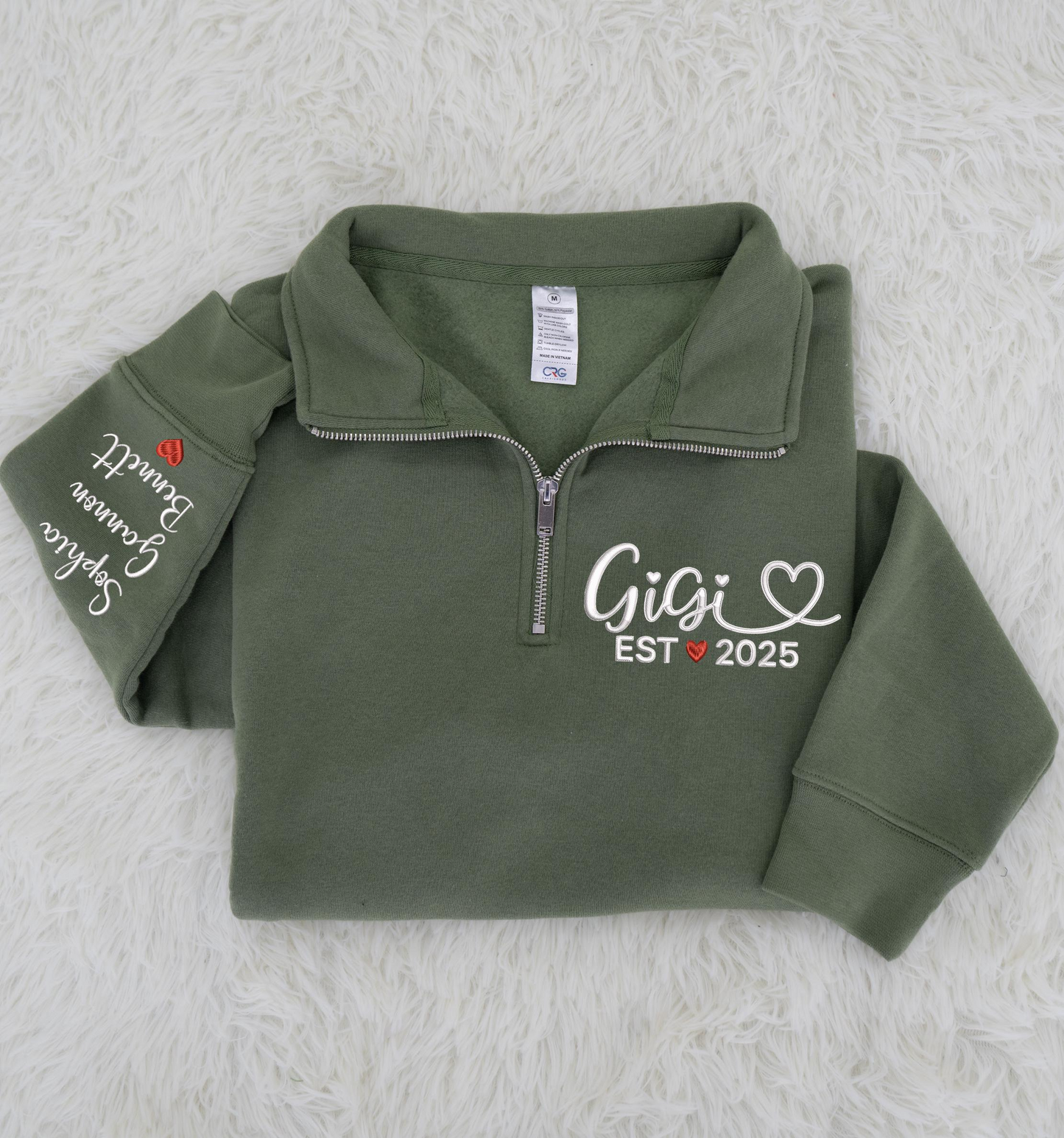 Custom Gigi EST 2025 Embroidered Quarter Zip Sweatshirt – Personalized Name on Sleeve Gift for New Gigi