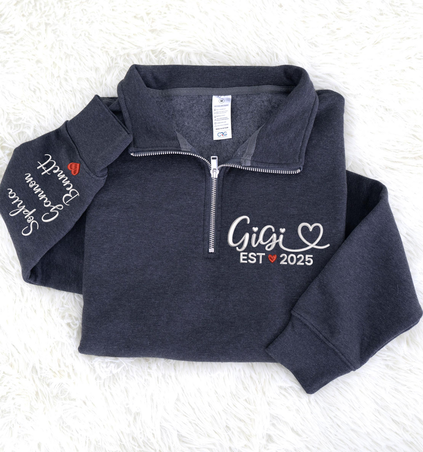 Custom Gigi EST 2025 Embroidered Quarter Zip Sweatshirt – Personalized Name on Sleeve Gift for New Gigi