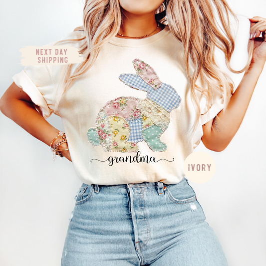 Comfort Colors Personalized Grandma Bunny Shirt with Floral Patchwork Design, Cute Easter Gift for Grandmother, Custom Bunny Graphic Tee for Spring